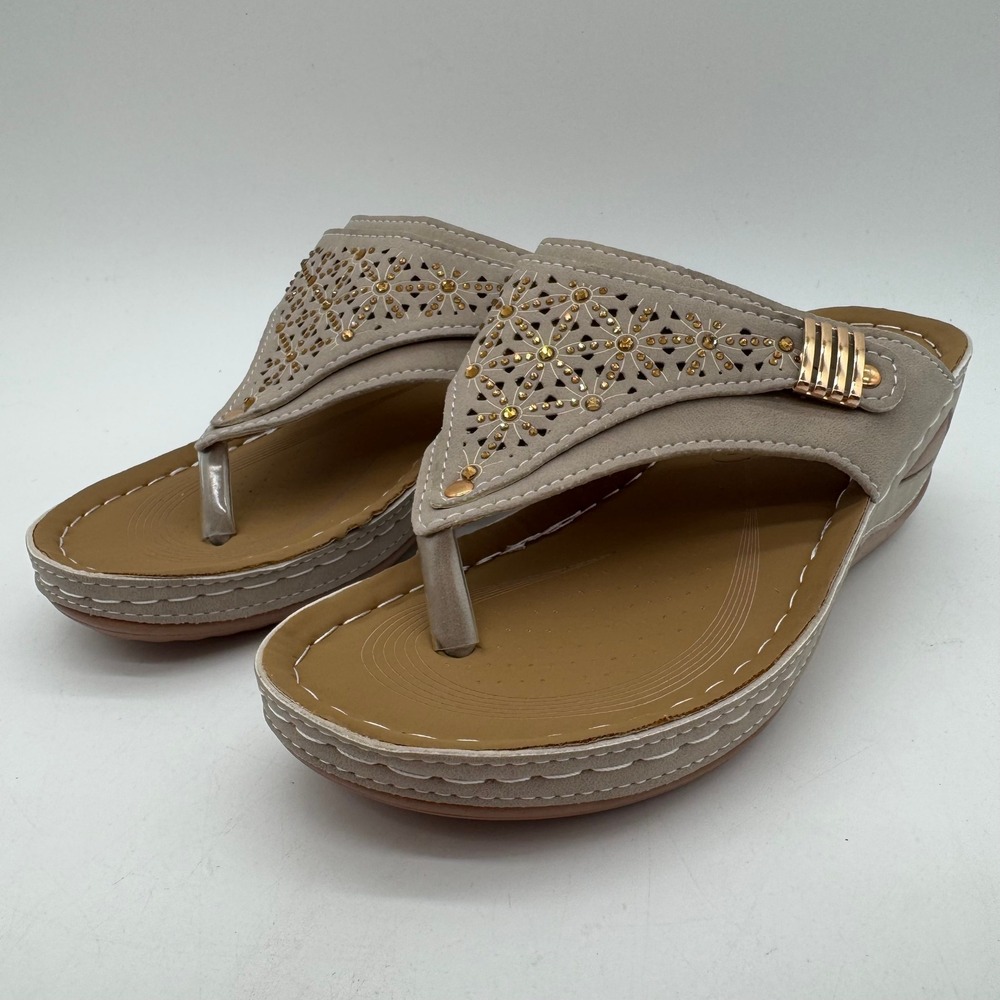 Taupe Wedge Sandals Womens size 6-6.5 Gold Tone Rhinestone Cutout Thong Slip Ons